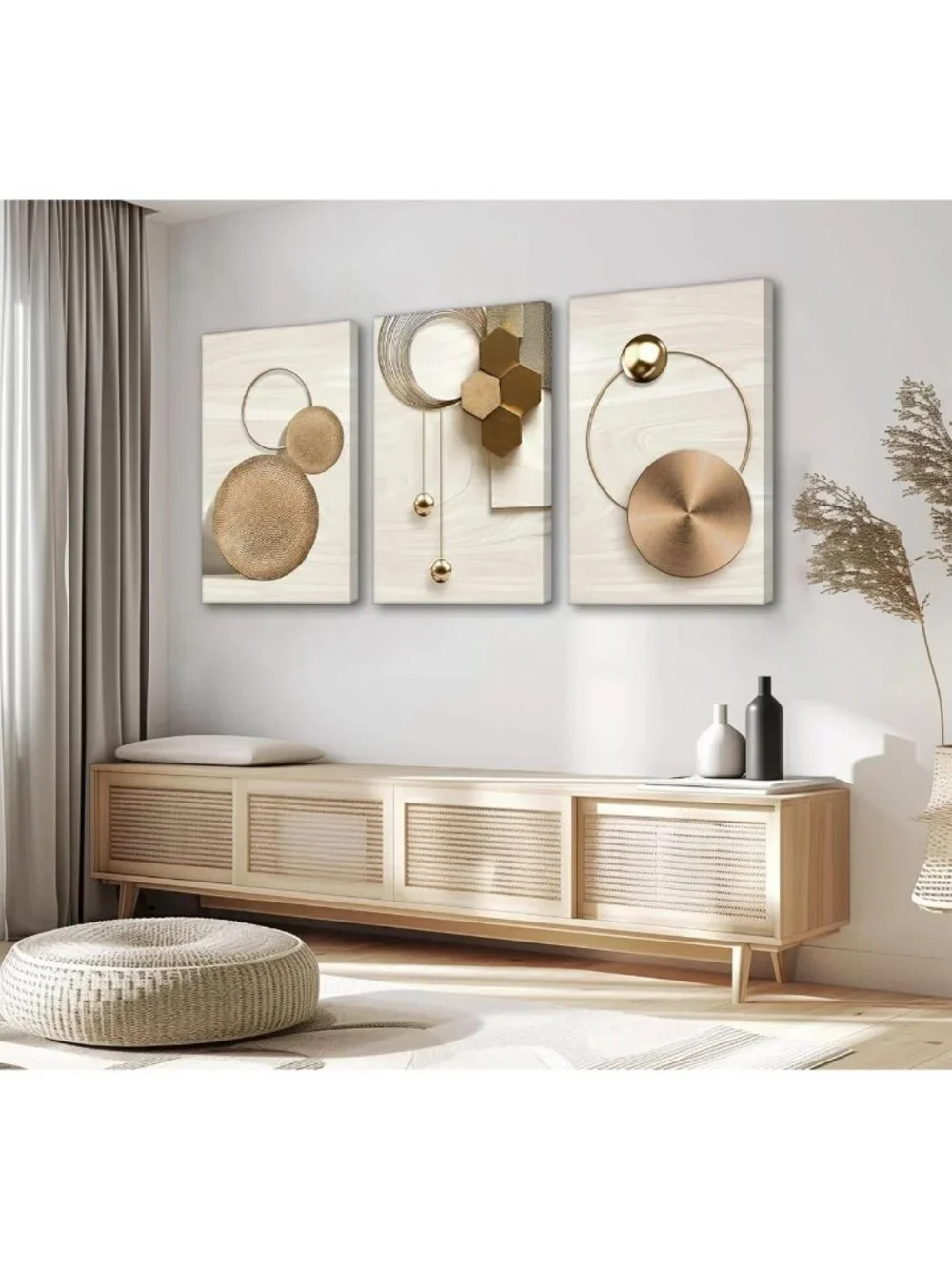 3 Pcs Abstract Gold Geometric Canvas Wall Art - Boho Mid Century Modern Decor